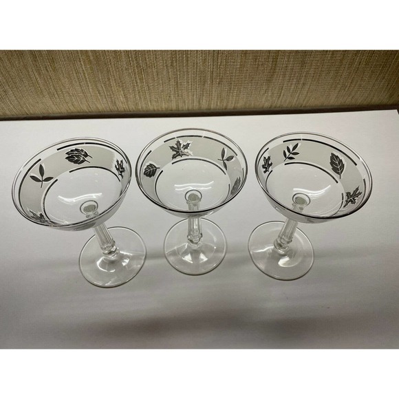 3 Mid Century Clear Champagne Coupe Libby Silver Leaf Frosted Band - Picture 2 of 2